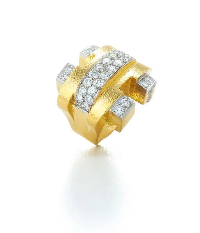 women anniversary rings -Bridge Ring, Diamonds, Hammered 18K Gold