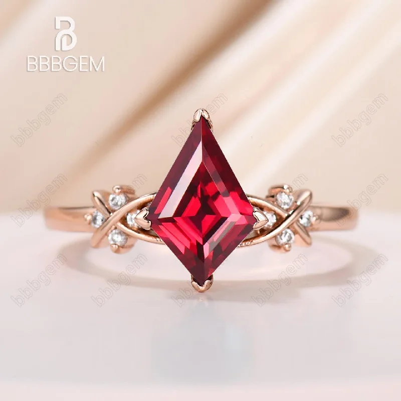 custom engagement rings -Vintage Kite Ruby Engagement Ring 14K Rose Gold Kite Ruby Moissanite Ring July Birthstone Anniversary Gift for Her