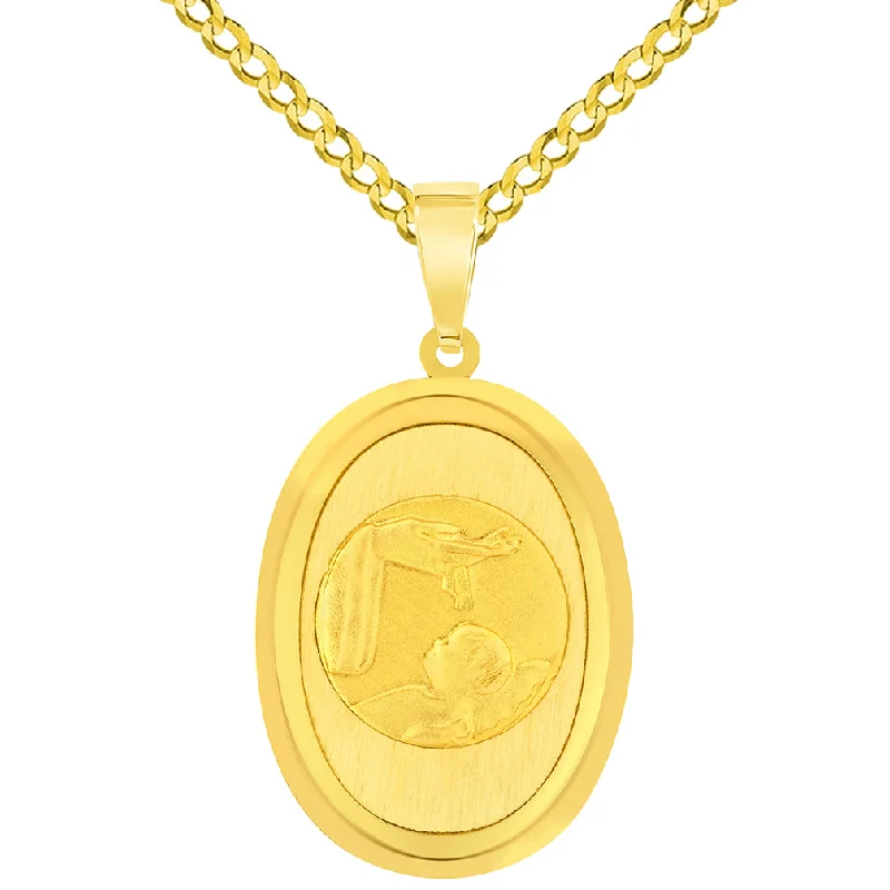 women rose gold necklaces -14k Yellow Gold Religious Baptism Christening Oval Medal Pendant with Cuban Chain Curb Necklace