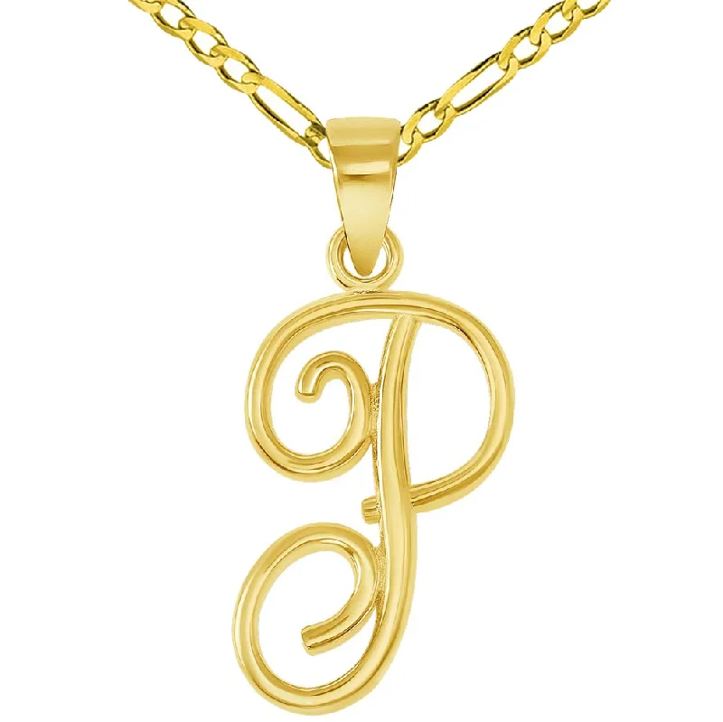 women pendant necklaces -14k Yellow Gold Elegant Script Letter P Cursive Initial Pendant with Figaro Chain Necklace