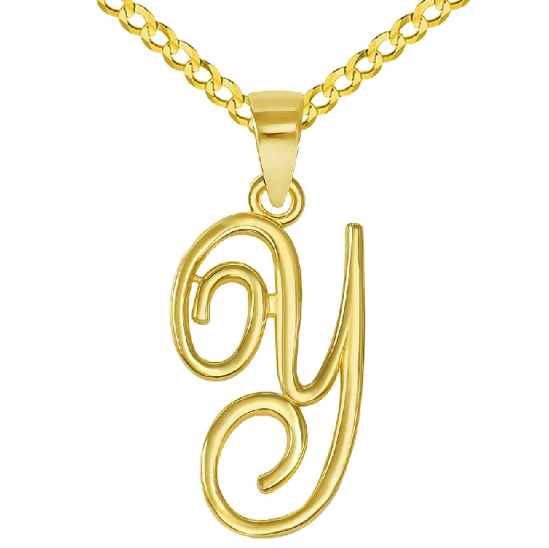 women luxurious gemstone necklaces -14k Yellow Gold Elegant Script Letter Y Cursive Initial Pendant with Concave Cuban Link Curb Chain Necklace