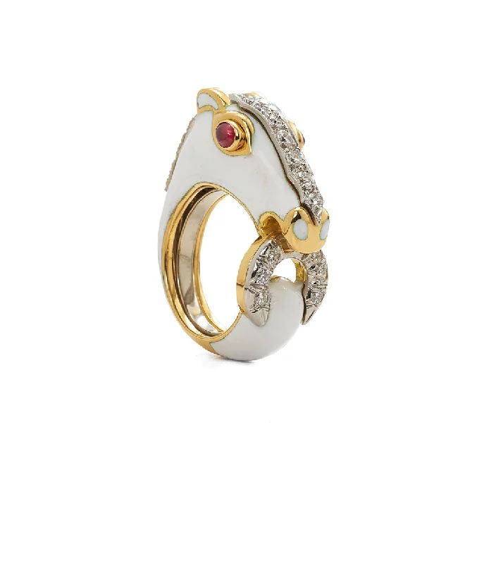 women stack rings -Horse Ring, White Enamel, Ruby