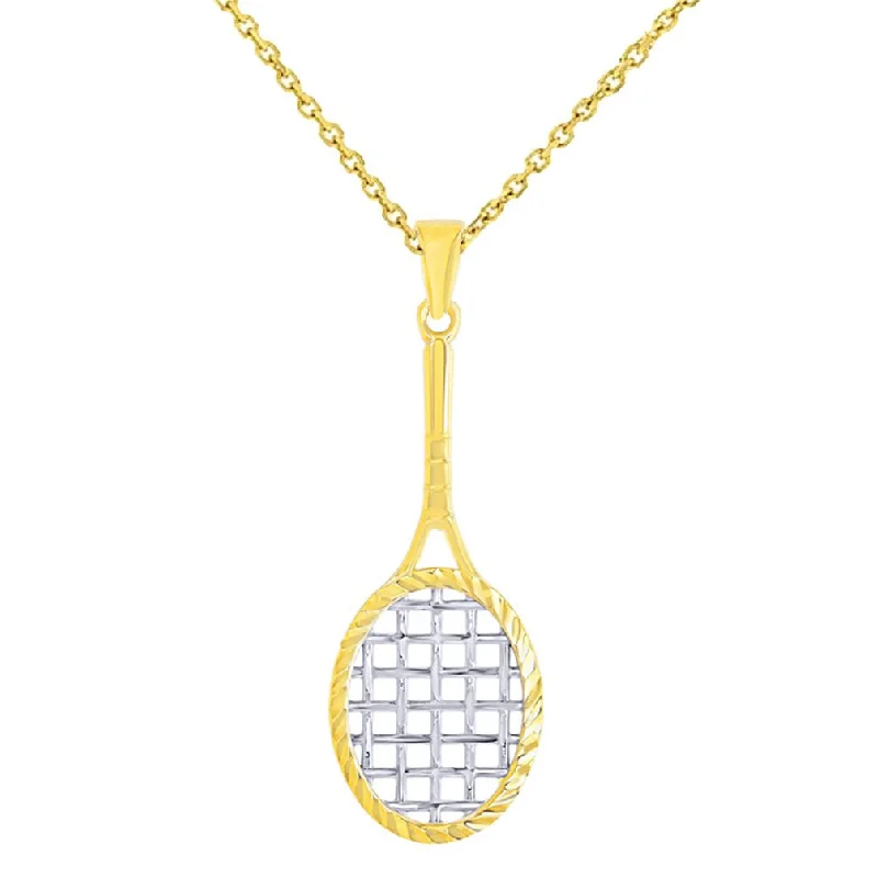 women animal pendant necklaces -14K Yellow Gold Textured Tennis Racquet Charm Sports Pendant Necklace