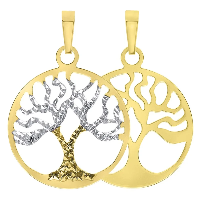 women chic gold necklaces -Solid 14K Yellow Gold Textured Reversible Round Tree of Life Charm Pendant