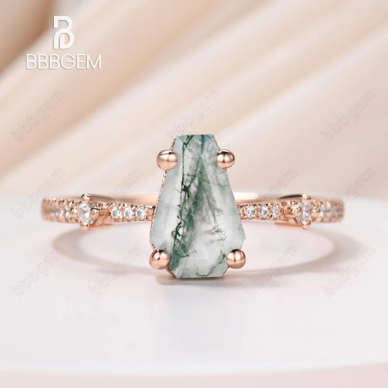 alternative engagement rings -Unique Coffin Cut Natural Green Moss Agate Promise Ring With Tapered Moissanite Band in Rose Gold Silver