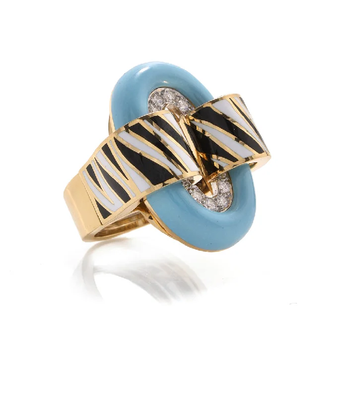 women personalized promise rings -Small Oval Buckle Ring with Zebra Stripe, Light Blue