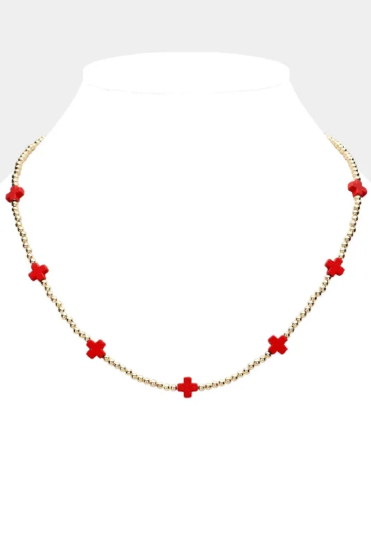 women infinity diamond necklaces -Cross Pointed Red Metal Ball Beaded Necklace