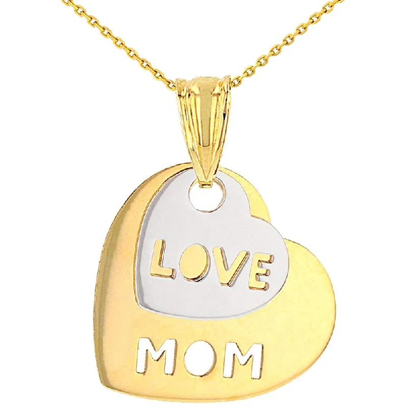 women lucky charm necklaces -Solid 14K Two-Tone Gold Love Mom Double Heart Pendant Necklace