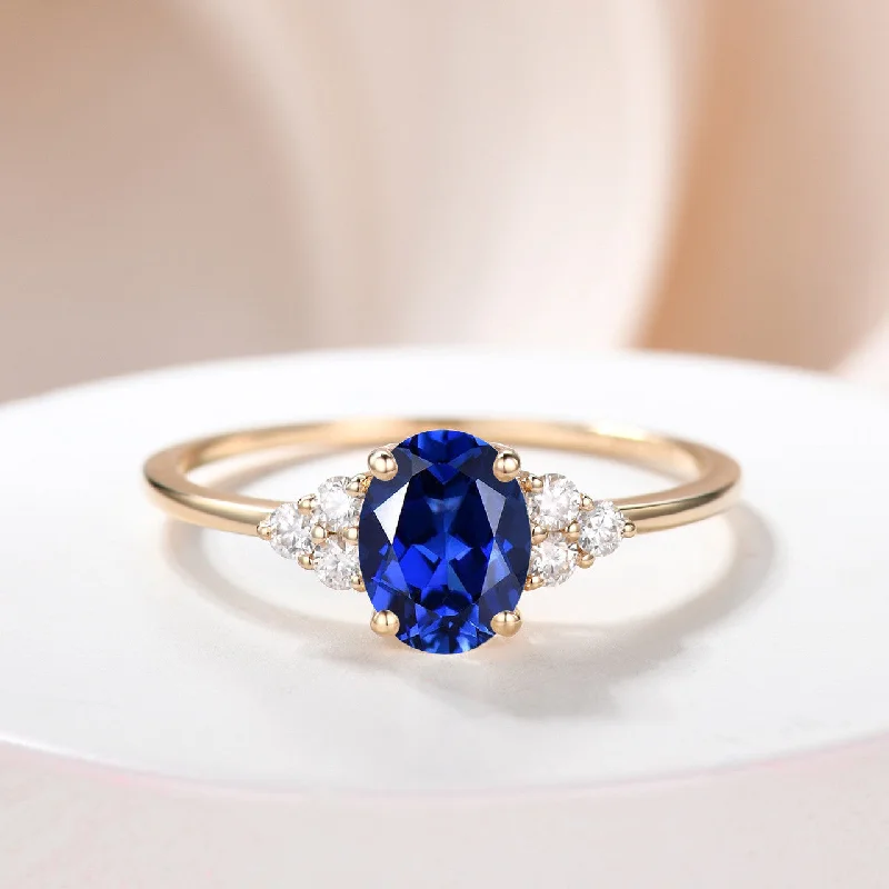 two-tone engagement rings -Yellow Gold Lab Created Sapphire Three Stone Moissanite Ring with 6x8mm Blue Oval Lab Sapphire