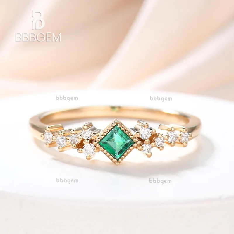 women antique engagement rings -Mini Square Cut Emeral Ring Women 3.5mm Natural Emerald Jewelry White Gold Daily Ring