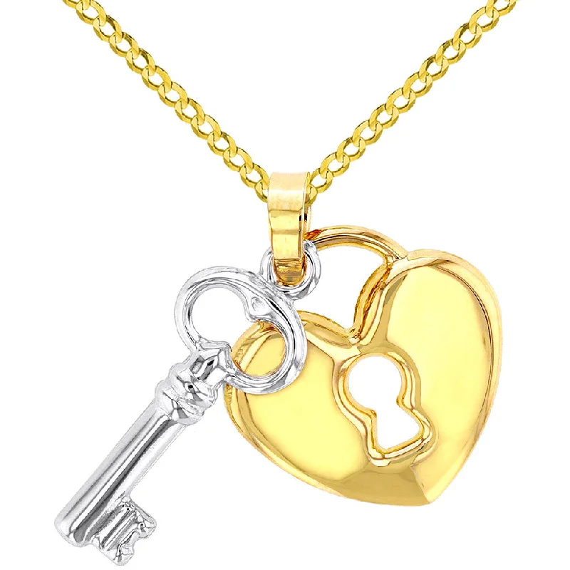 women birthstone pendant necklaces -Polished 14K Yellow Gold Heart with White Gold Love Key Pendant Cuban Chain Necklace