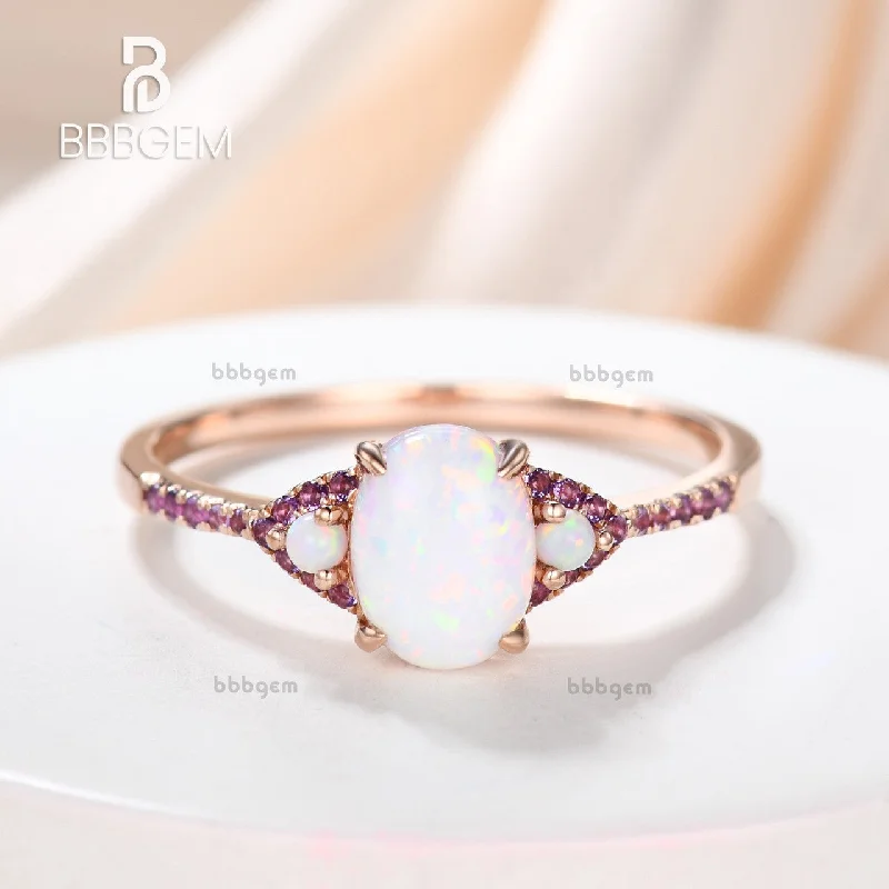 moissanite engagement rings -Oval Created Opal And Amethyst Halo Accents Three Stone Engagement Ring in 14K