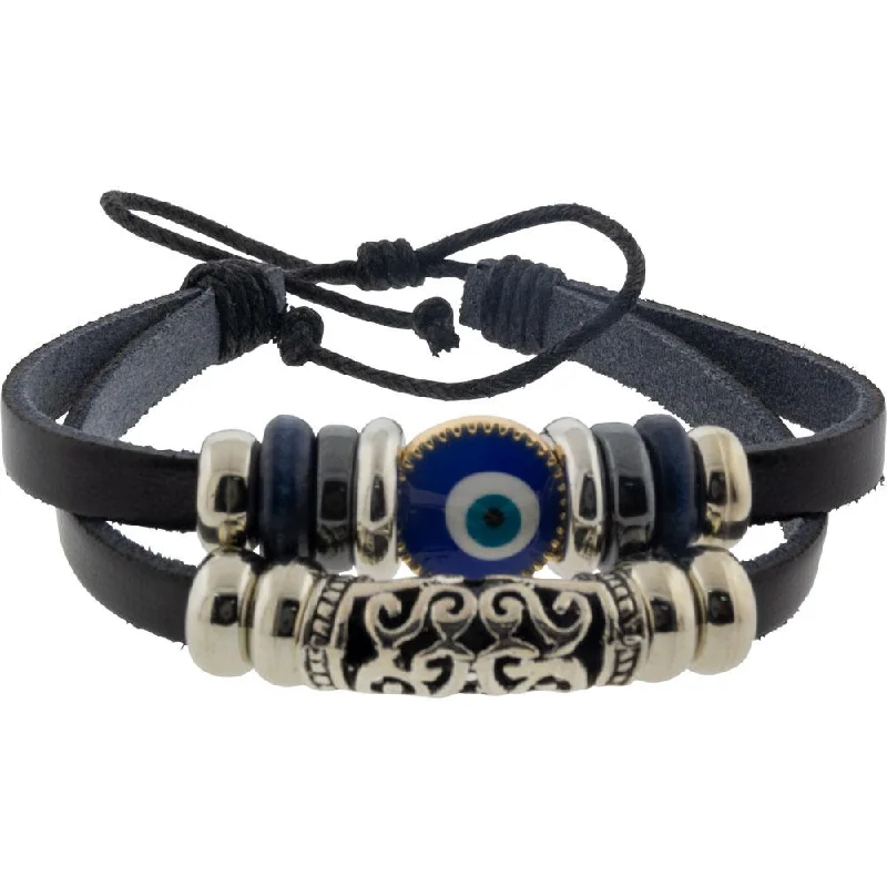 women cuff bracelet sets -Leather Protection Bracelet - Evil Eye - Black with Filigree