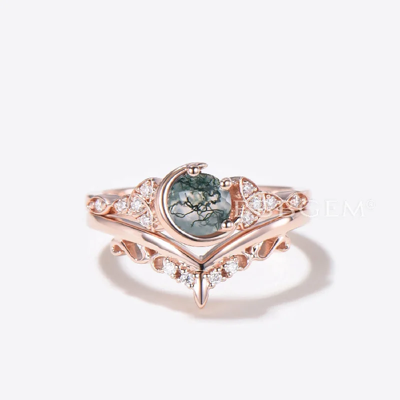 classic white gold engagement rings -Celestial Moon Moss Agate Engagement Ring Celtic Diamond RIng