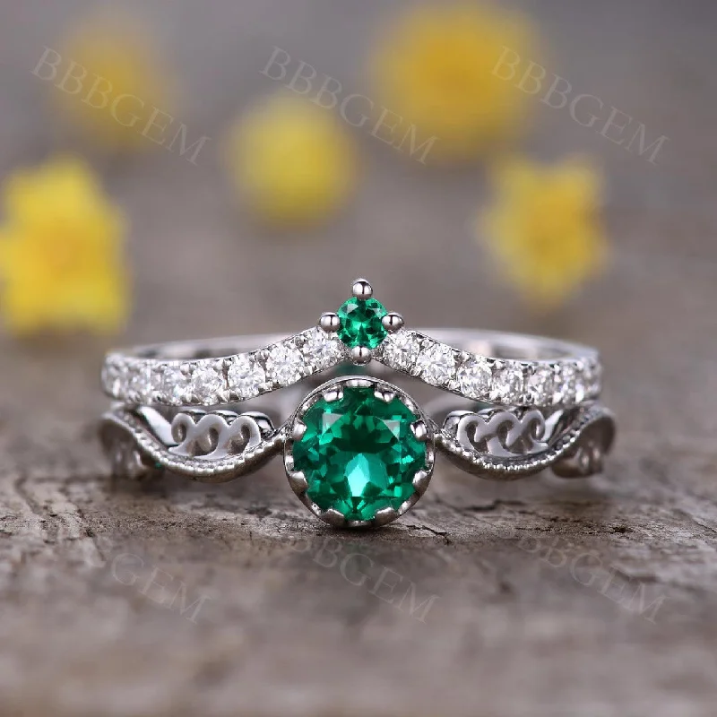 affordable solitaire engagement rings -Dainty 5mm Round Cut Emerald Engagement Ring Curved Moissanite/CZ Emerald Matching Band In White Gold