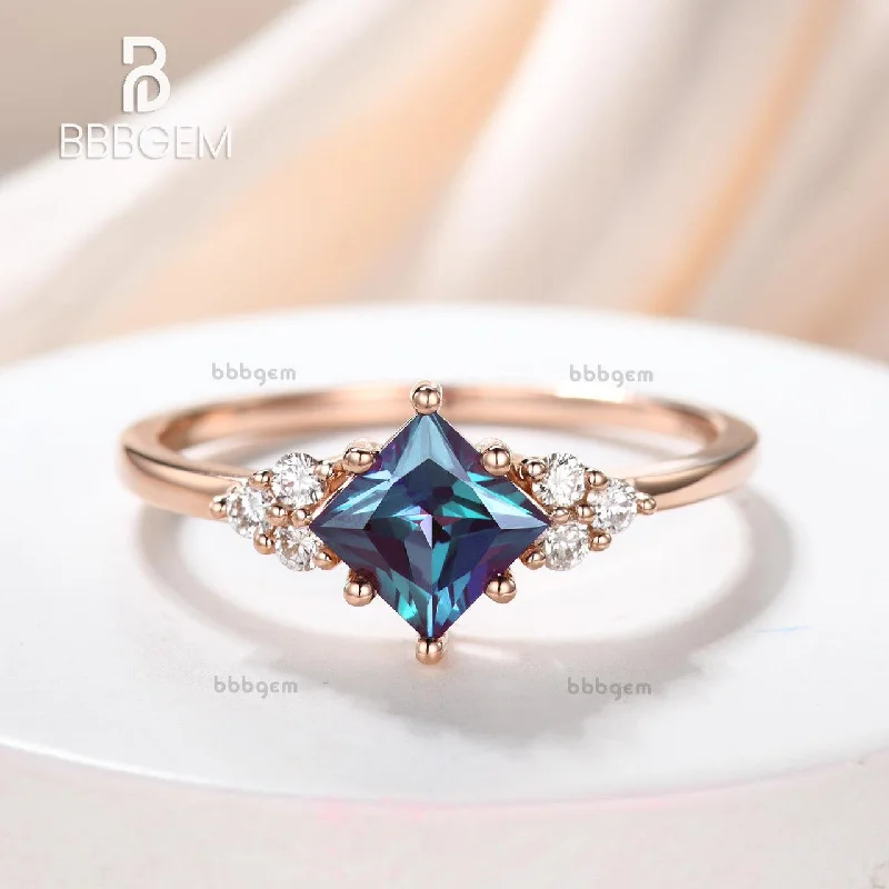 solitaire engagement rings -Unique 6mm Princess Cut Alexandrite Engagement Ring Moissanite Wedding Band