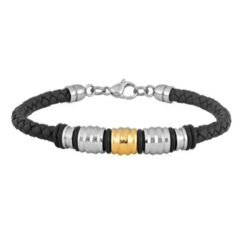 women stackable bangles -Moda Braided Leather & Stainless Steel Bracelet