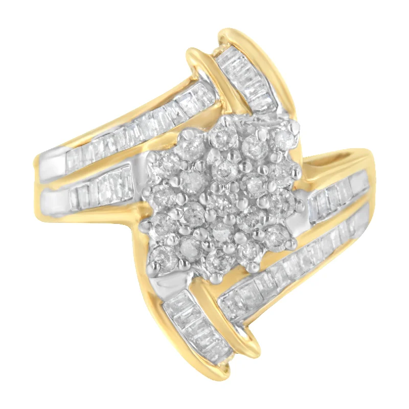 diamond halo engagement rings -10K Yellow Gold Round and Baguette-Cut Diamond Bypass Cluster Ring