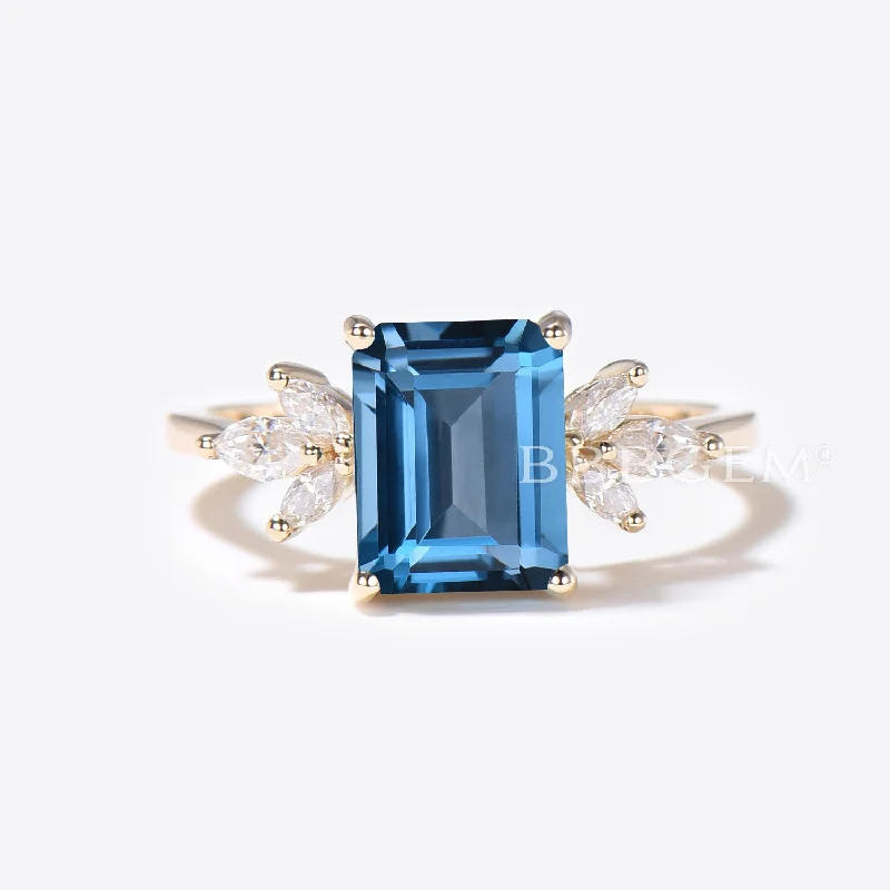 rustic engagement rings -3CT Emerald Cut London Blue Topaz Engagement Ring 14k/18k Yellow Gold Topaz Wedding Ring Marquise Moissanite Ring December Birthstone Ring