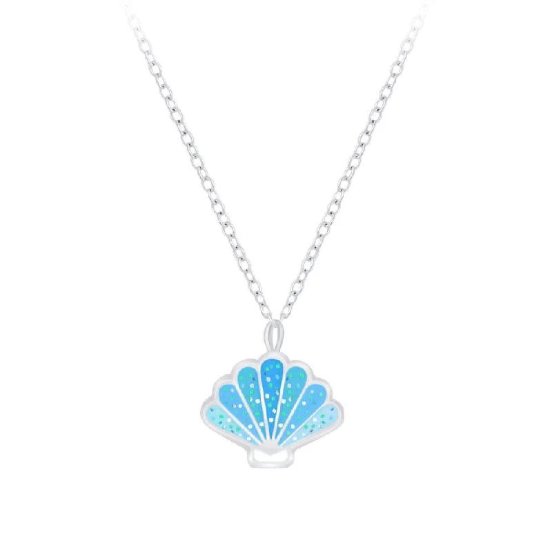 women charm necklaces -Children's Sterling Silver Blue Glitter Shell Pendant Necklace