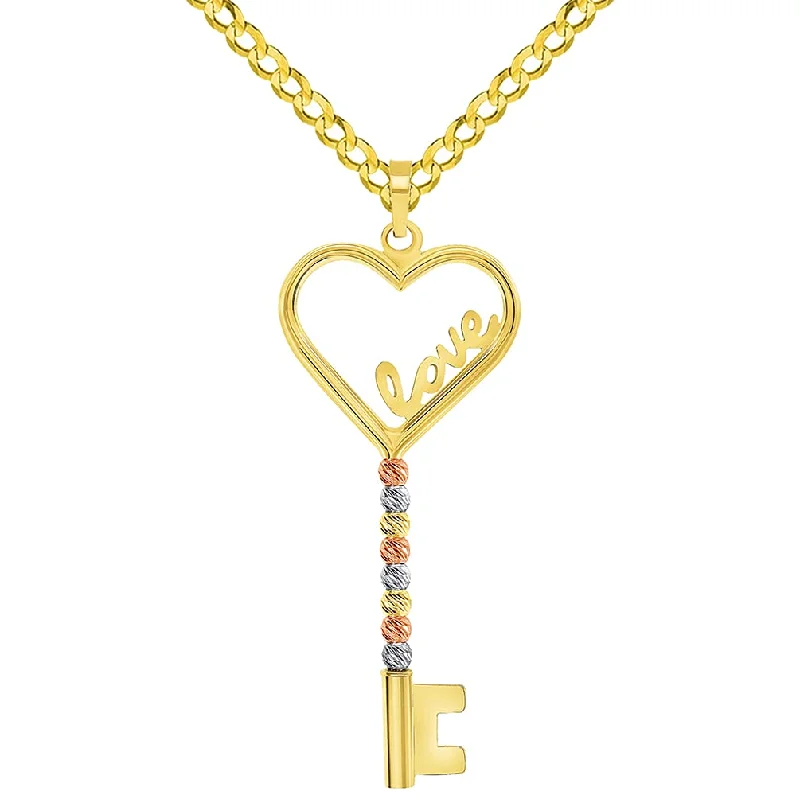 women minimalist necklaces -14k Tri-Color Gold Love Written Open Heart Beaded Key Pendant with Cuban Curb Chain Necklace