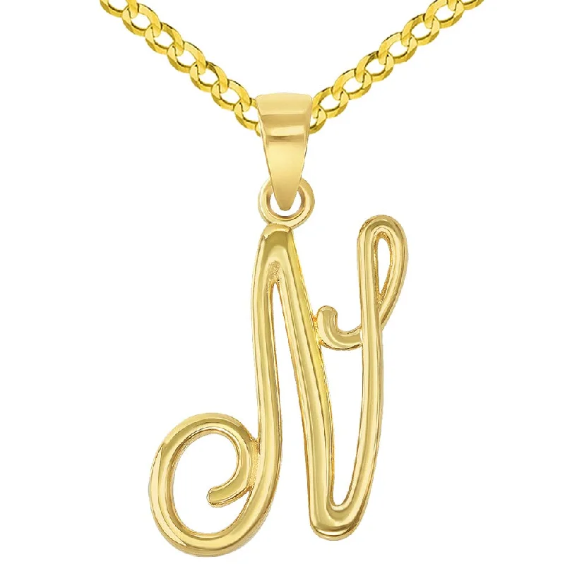 women thick chain necklaces -14k Yellow Gold Elegant Script Letter N Cursive Initial Pendant with Concave Cuban Link Curb Chain Necklace