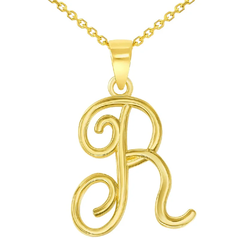 women artistic pendant necklaces -14k Yellow Gold Elegant Script Letter R Cursive Initial Pendant Necklace