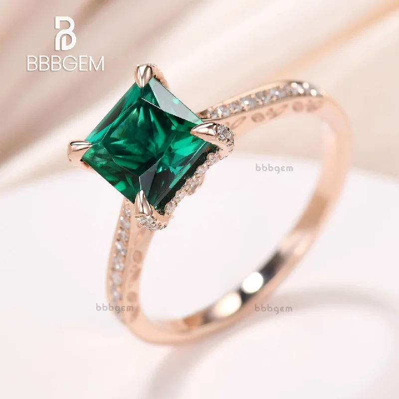 custom engagement rings with engravings -Princess Cut 7mm Lab Emerald Diamond Engagement Ring Tapered Band Filigree Catherdral Ring