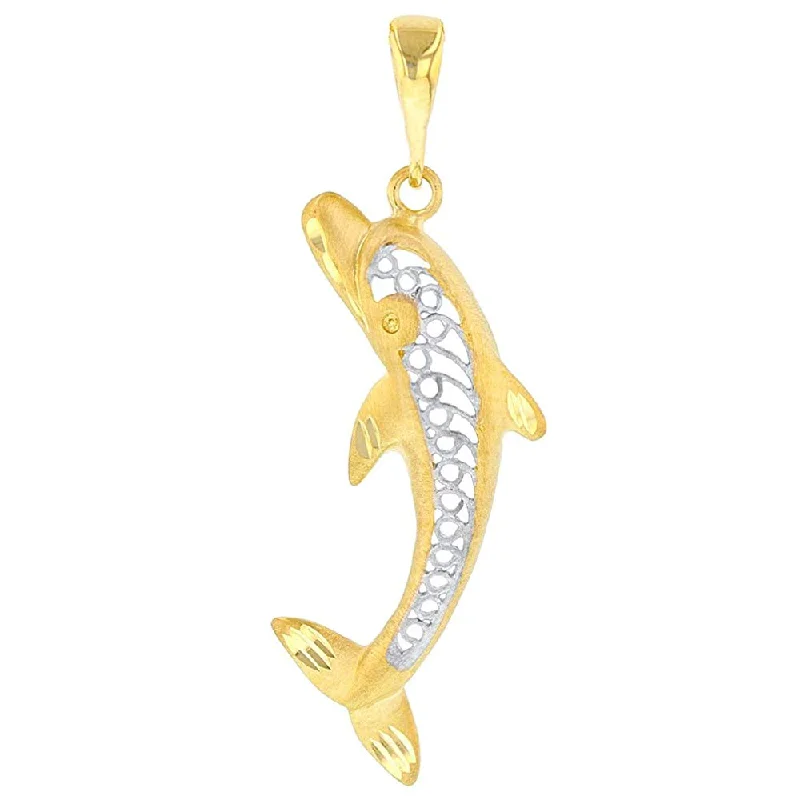 women custom engraved necklaces -14K Yellow Gold Filigree Jumping Dolphin Charm Animal Pendant