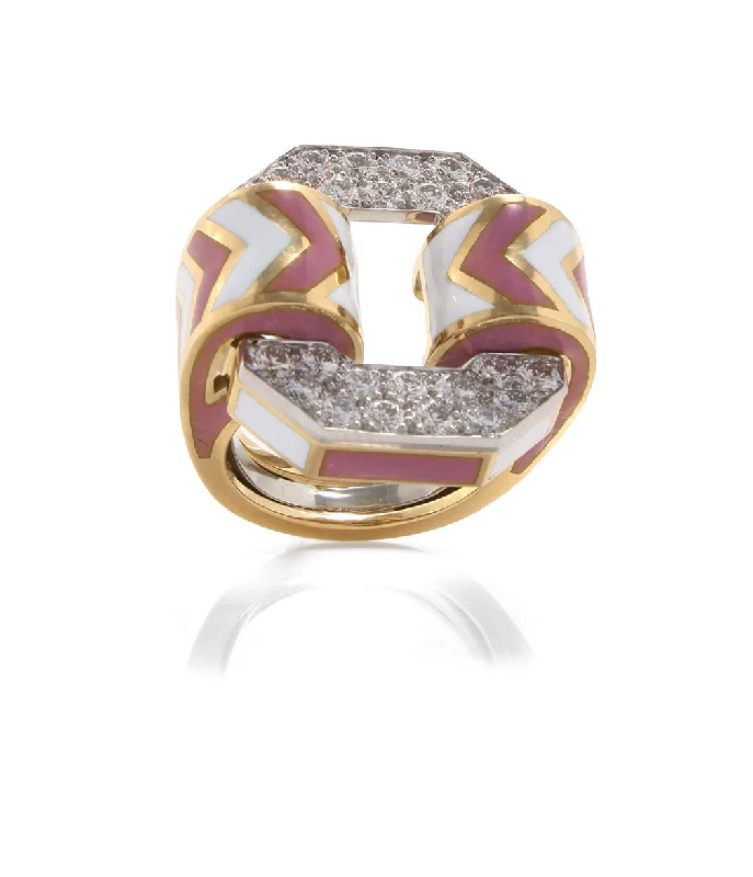 women eternity bands -Small Chevron Ring, Pink and White Enamel