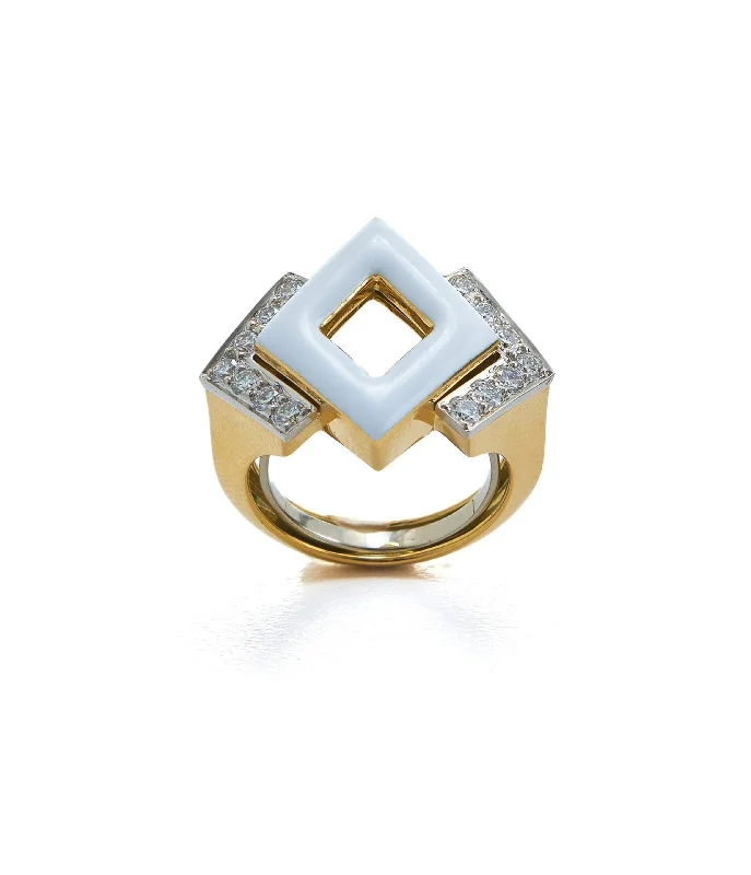 women bold rings -Double Diamond Ring, White Enamel