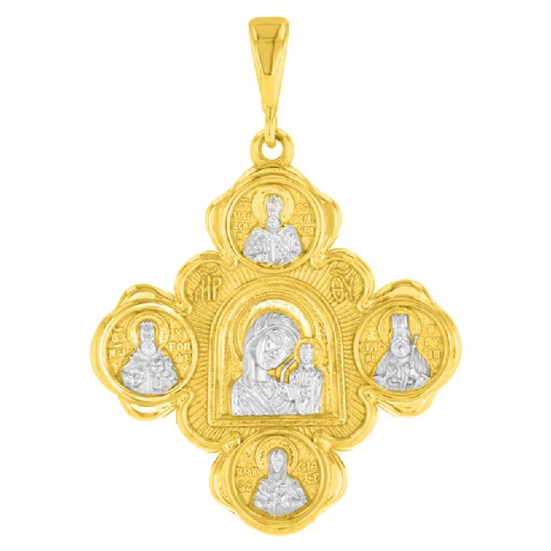 women drop necklaces -14K Yellow Gold Mother of God Virgin Mary with Jesus & Saints Orthodox Cross Pendant