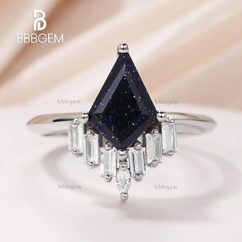 cushion cut halo engagement rings -Knife-Edge Kite Blue Sandstone Engagement Ring Vintage Blue Goldstone Horizontal Baguette Moissanite Statement Ring