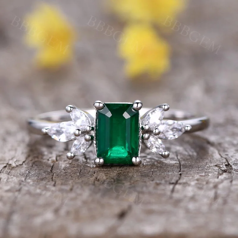 luxury solitaire engagement rings -Emerald Cut Natural Emerald Ring Vintage 100% Zambian Emerald Ring