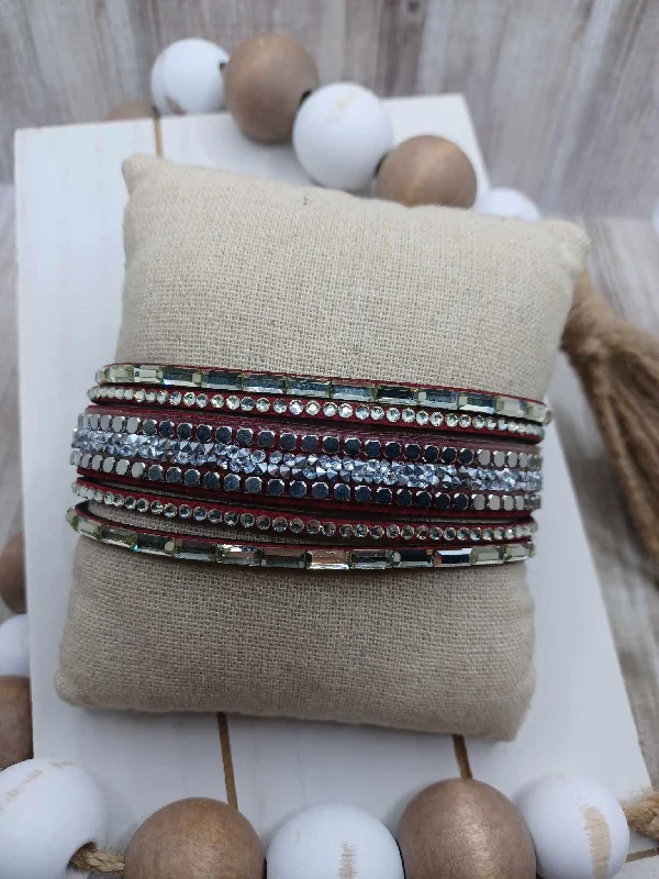 women heart-shaped bracelets -Red Suede Bracelet w/ Rhinestones & Crushed Druzy Stones