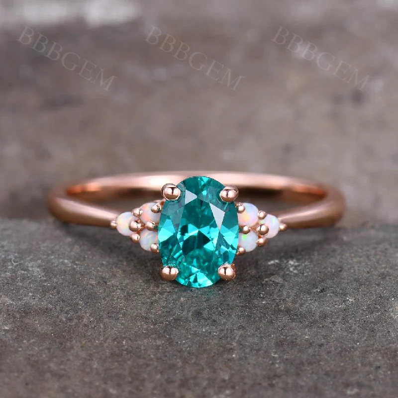 budget engagement rings -5x7mm Oval Cut Green Garnet Engagement Ring Rose Gold Opal Accent Stone