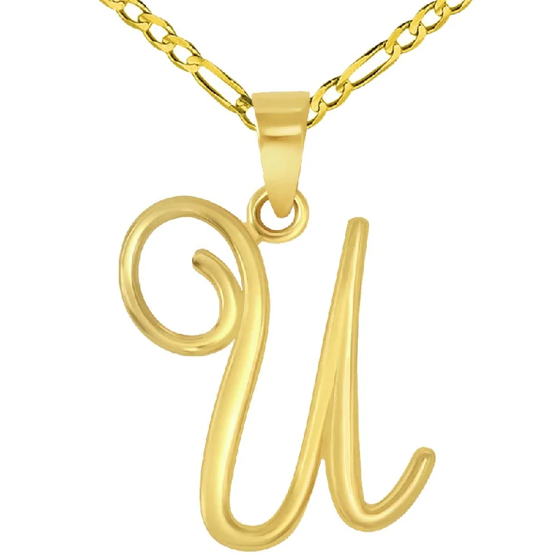 women butterfly necklaces -14k Yellow Gold Elegant Script Letter U Cursive Initial Pendant with Figaro Chain Necklace