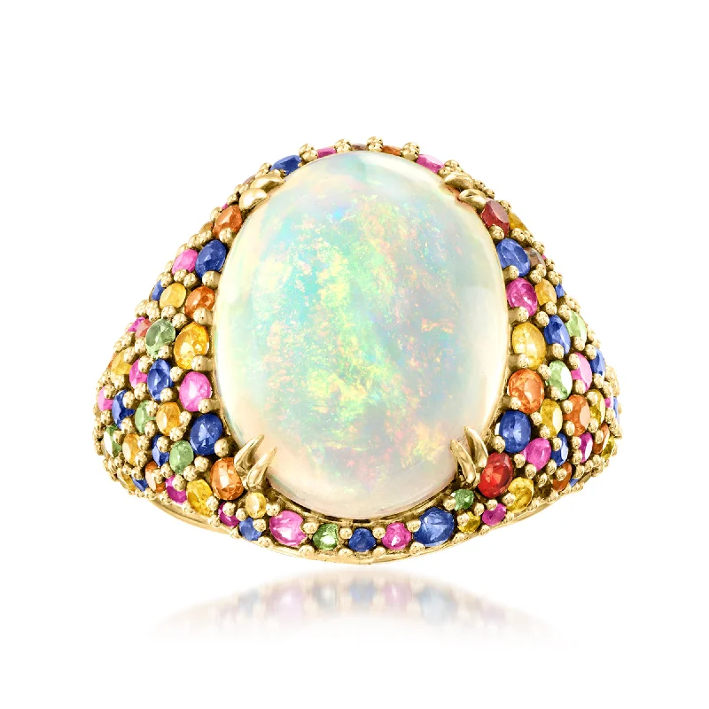 three-stone engagement rings -Ross-Simons Ethiopian Opal and Multicolored Sapphire Ring in 14kt Yellow Gold