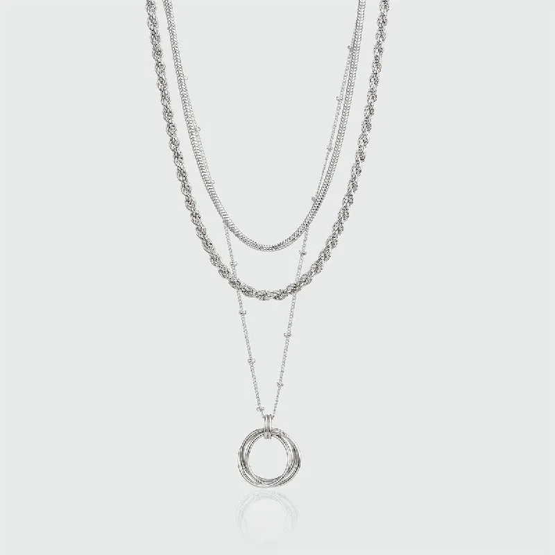 women elegant necklaces -Layering Silver Cordoba and Chain Necklace Set