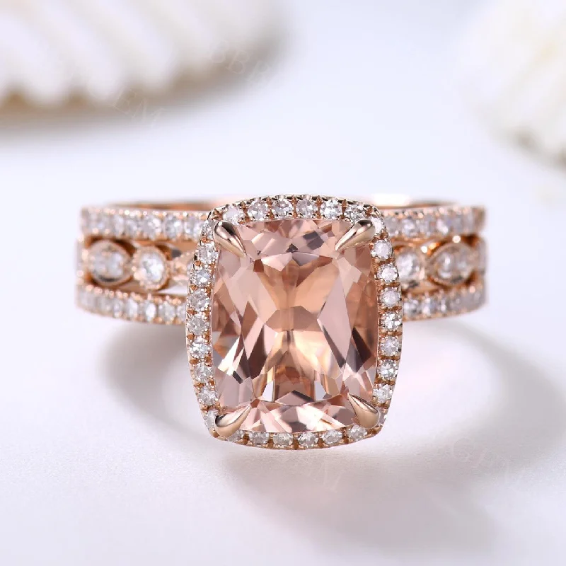 elegant engagement rings -10x8mm Cushion Cut Natural Morganite Engagement Ring 3 Pieces