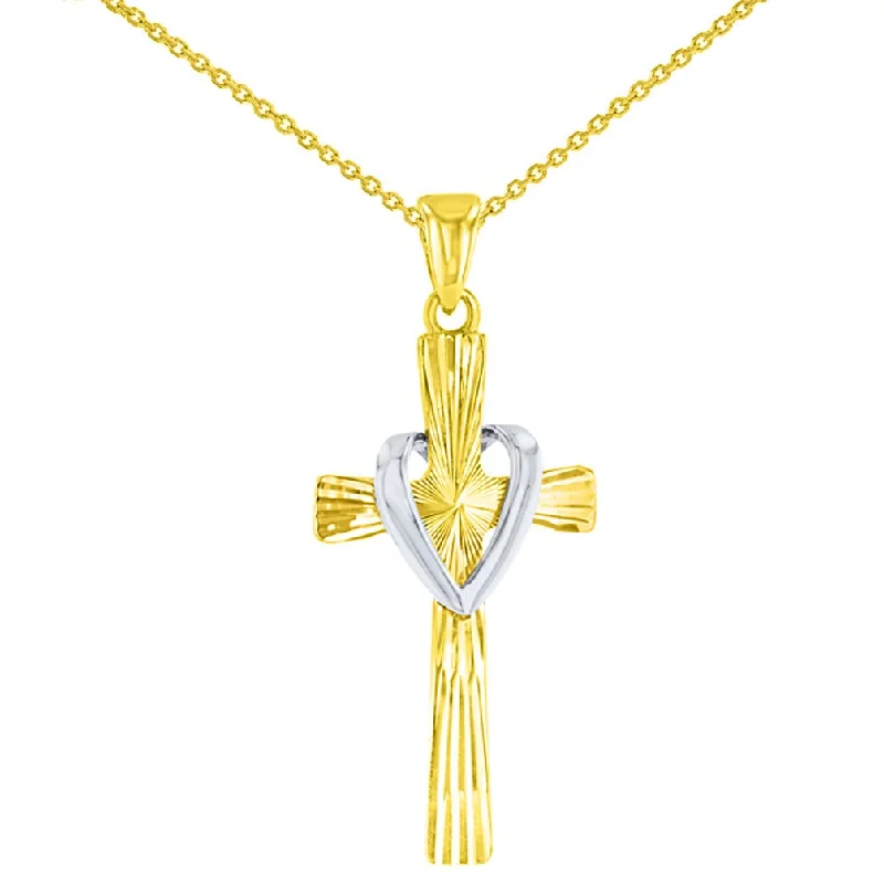 women luxury necklaces -High Polish 14K Two Tone Gold Textured Cross with Heart Charm Pendant Necklace