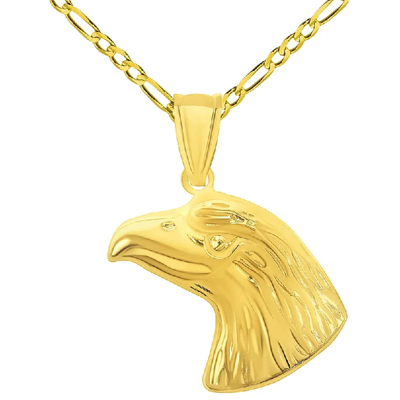 women luxury gold necklaces -14k Yellow Gold Polished 3D Bald Eagle Head Animal Pendant with Figaro Chain Necklace