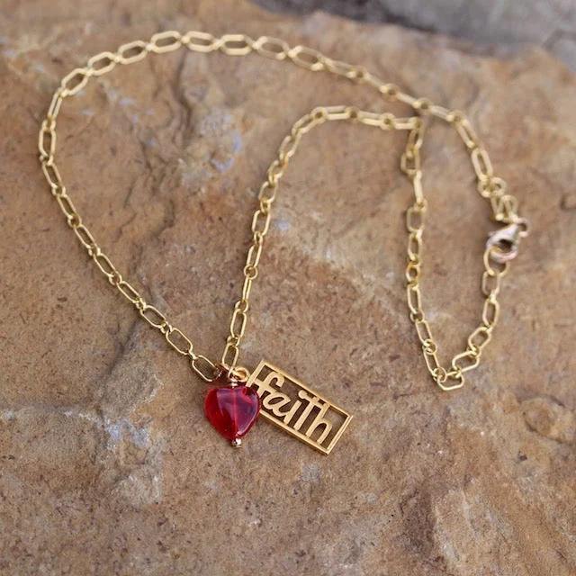 women colorful gemstone necklaces -Gold-filled "faith" pendant necklace with red glass heart