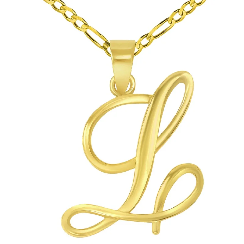 women large pendant necklaces -14k Yellow Gold Elegant Script Letter L Cursive Initial Pendant with Figaro Chain Necklace