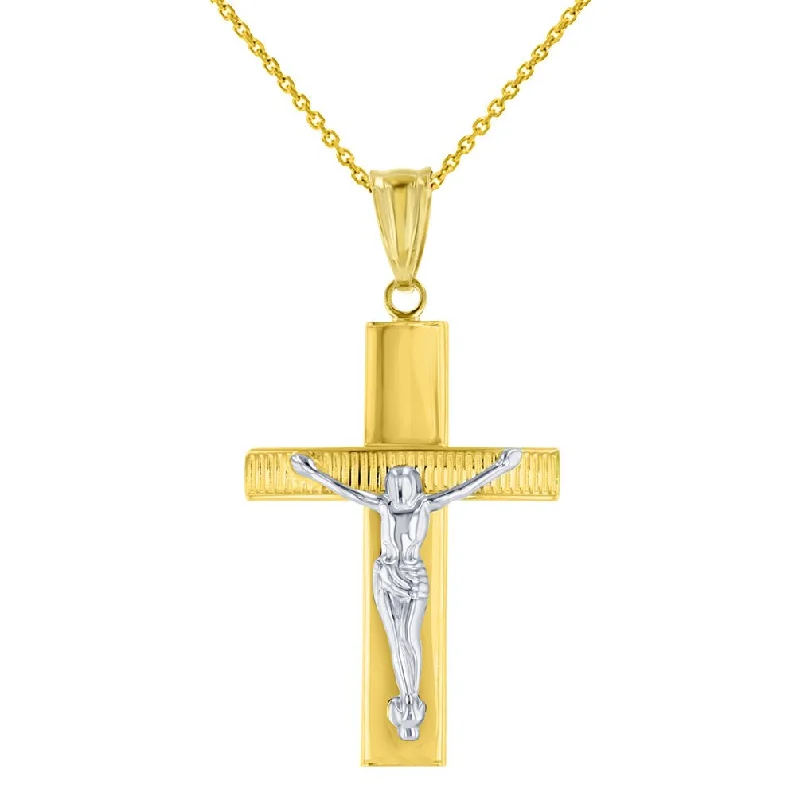 women wedding jewelry necklaces -Textured 14K Two-Tone Gold Catholic Cross Crucifix with Jesus Christ Pendant Necklace