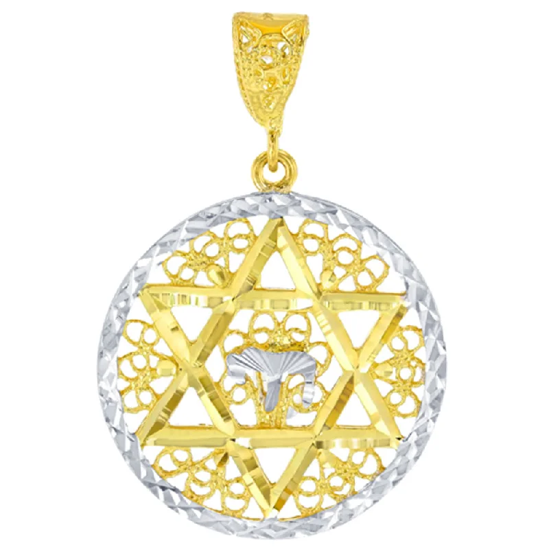 women long necklaces -Solid 14K Yellow Gold Round Filigree Star of David with Chai Symbol Pendant