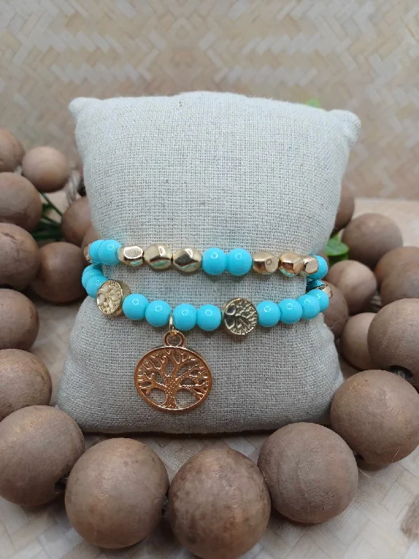 women charm bracelets -Teal/Turquoise & Gold Tree of Life Bracelet Set