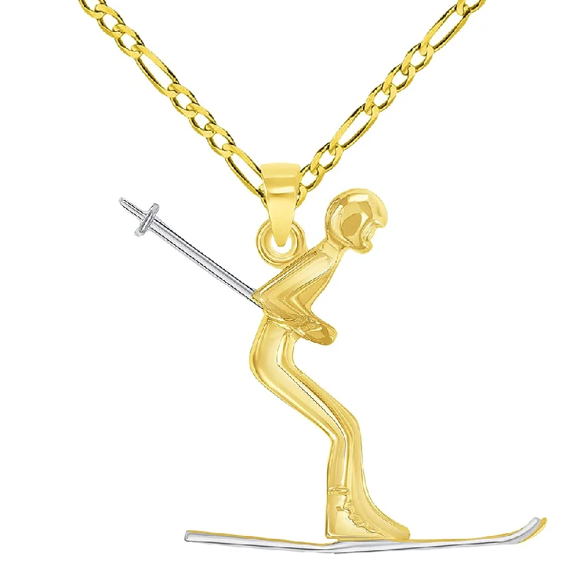 women classic gold necklaces -14k Yellow Gold 3D Snow Skier Skiing Two Tone Sports Pendant with Figaro Chain Necklace