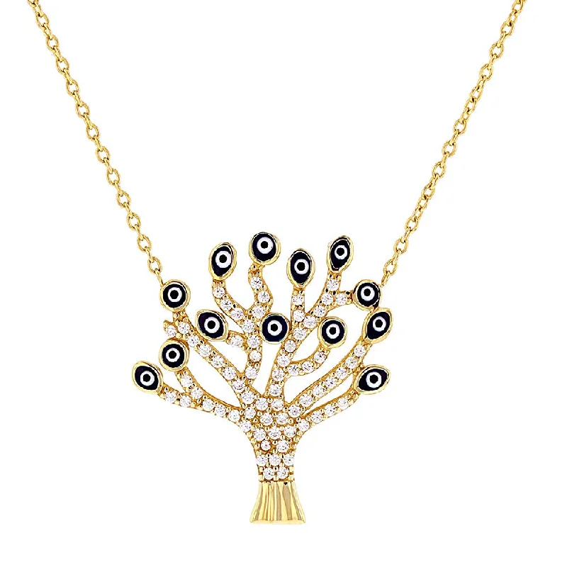 women infinity necklaces -Solid 14K Gold Cubic Zirconia Accented Tree of Life with Evil Eye Pendant Necklace 16"