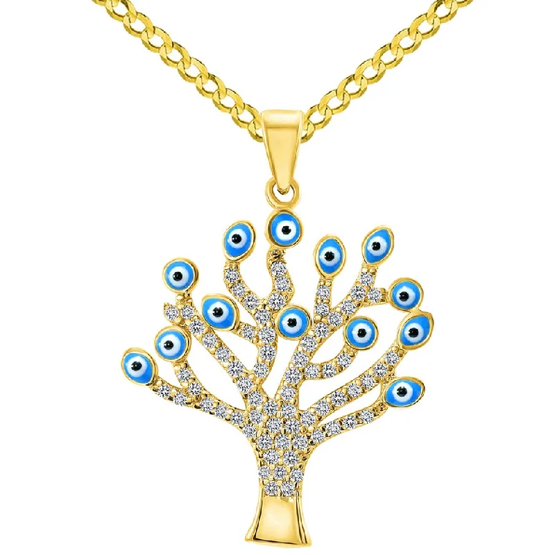 women heart-shaped necklaces -14k Yellow Gold Cubic-Zirconia Blue Evil Eye Tree of Life Pendant with Curb Chain Necklace